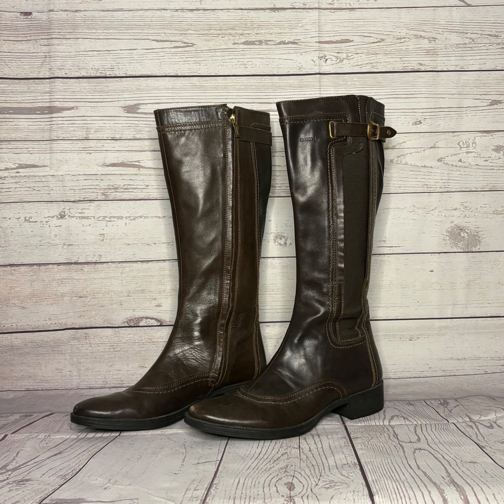 Geox Respira Brown Leather Tall Riding Boots Side Zip Buckle Womens 39.5